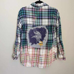 MN Vikings Women's Custom Bleach Flannel Plaid Button Down Shirt Teal Sz XS